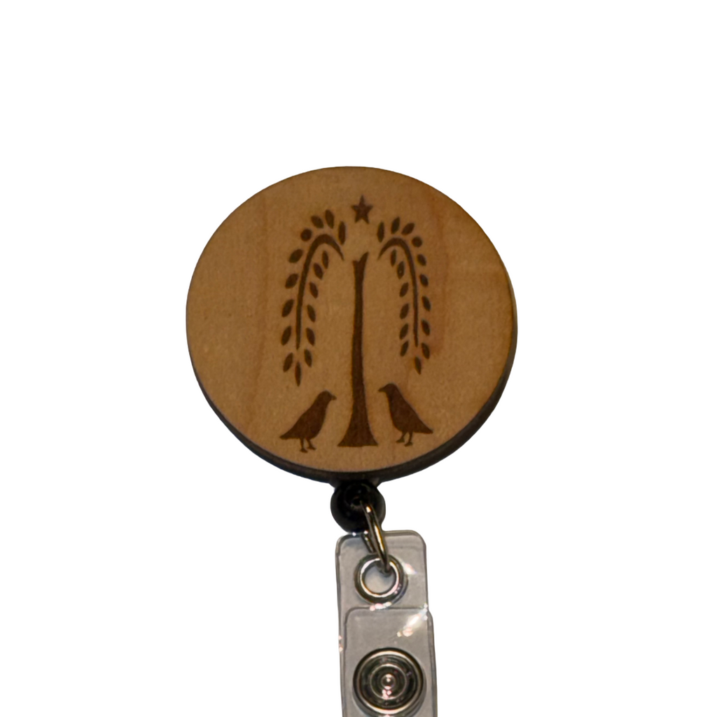 Primitive Weeping Willow Tree and Crows Badge Reel