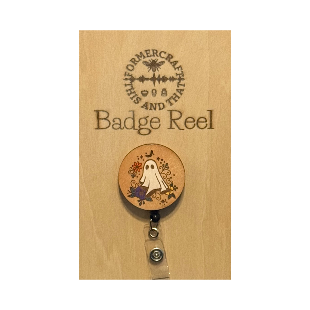 Floral Ghost Wooden Laser Engraved Badge Reel