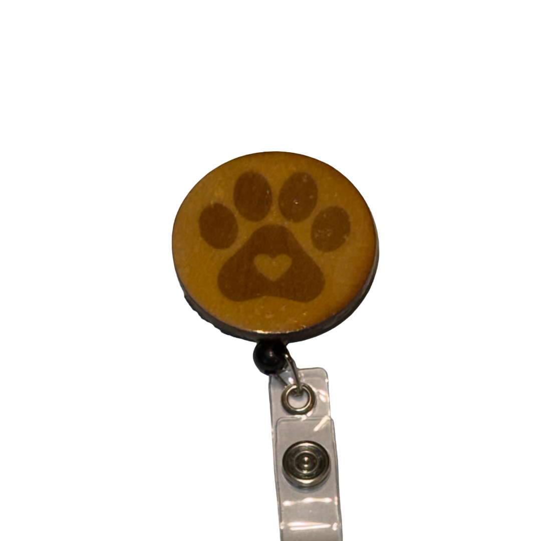 Pet Paw with Heart Wooden Badge Reel