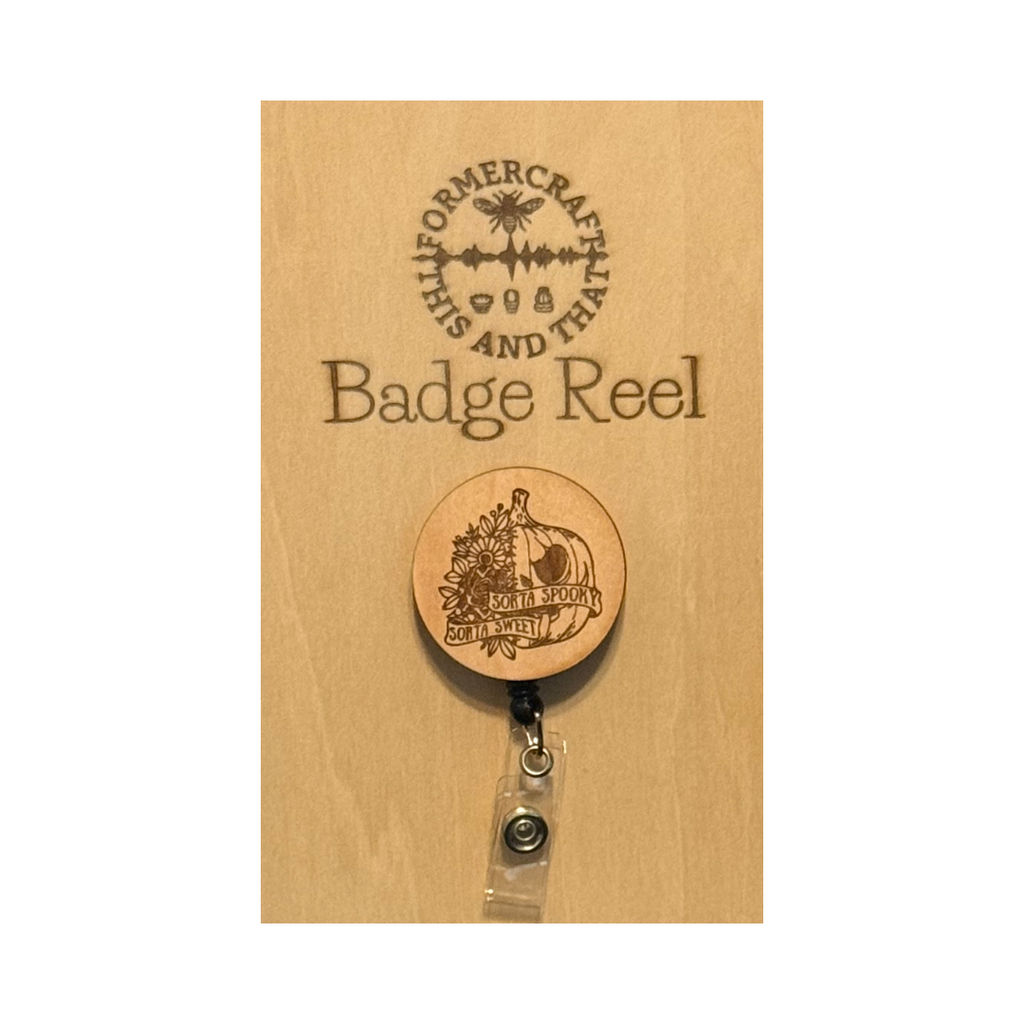 Spooky & Sweet Pumpkin Wooden Laser Engraved Badge Reel 