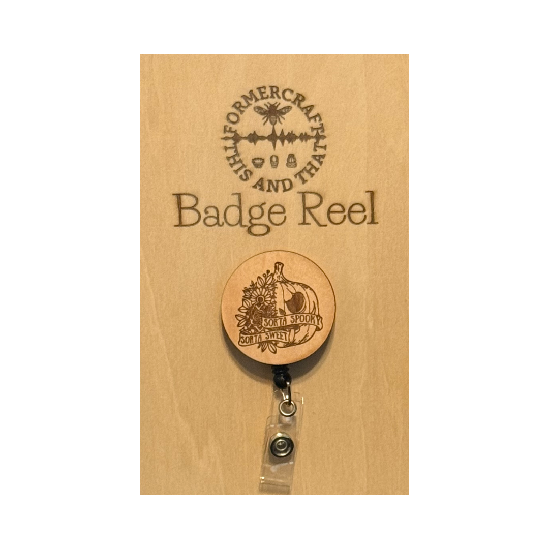 Spooky & Sweet Pumpkin Wooden Laser Engraved Badge Reel 