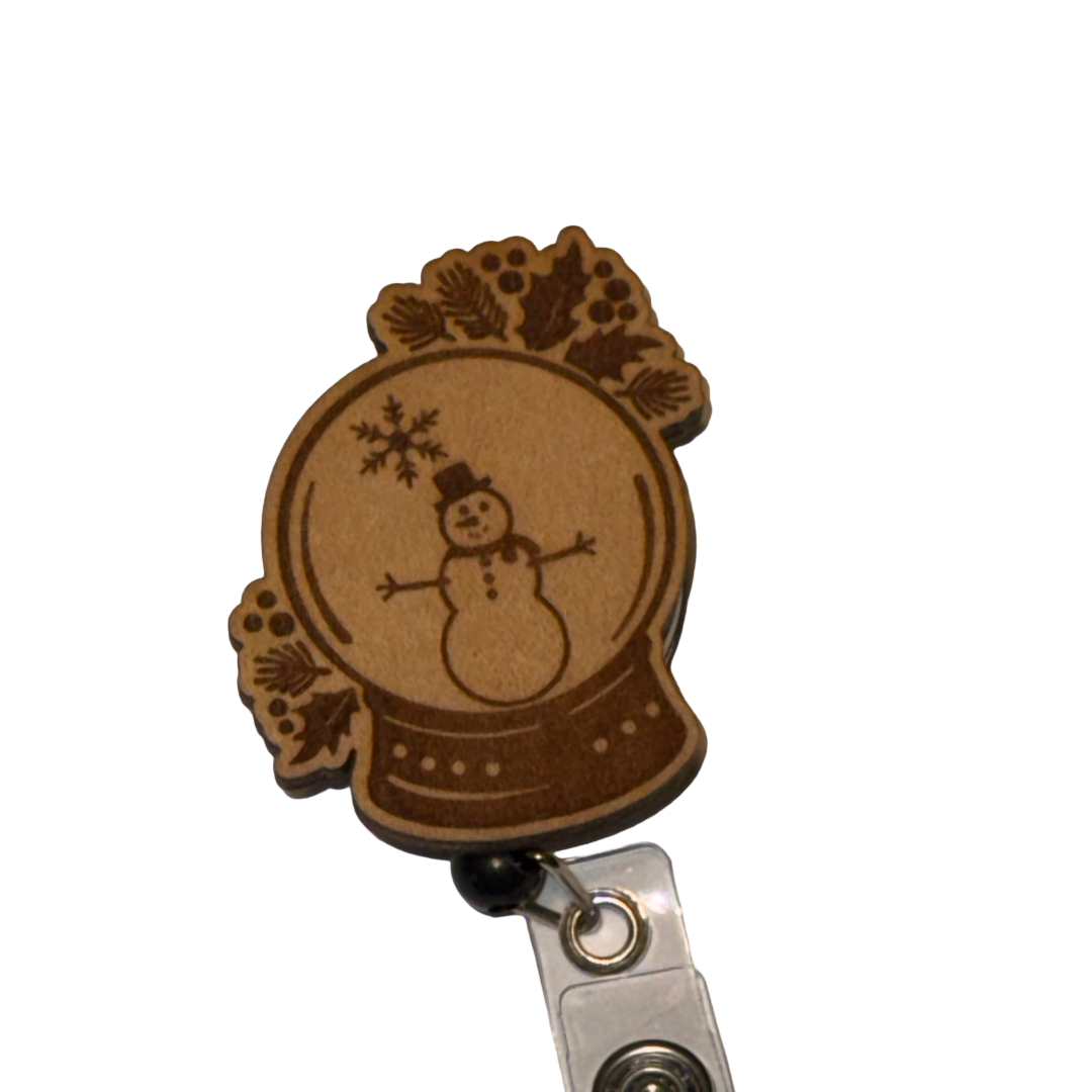 Winter Snowman Snow Globe Badge Reel