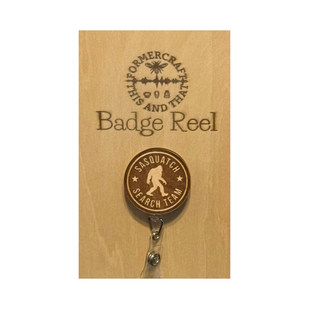 Bigfoot Wooden Laser Engraved Badge Reel 