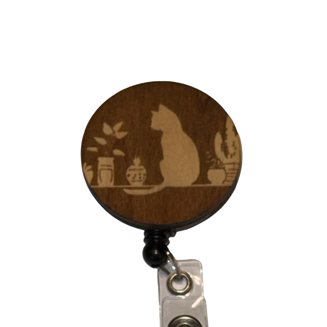 Wooden Cat Retractable Badge Reel