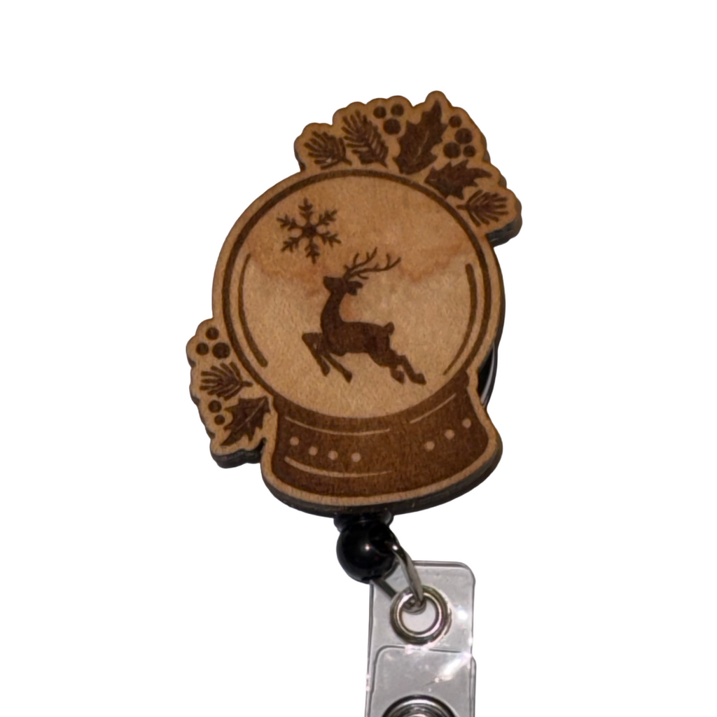 Winter Reindeer Snow Globe Badge Reel