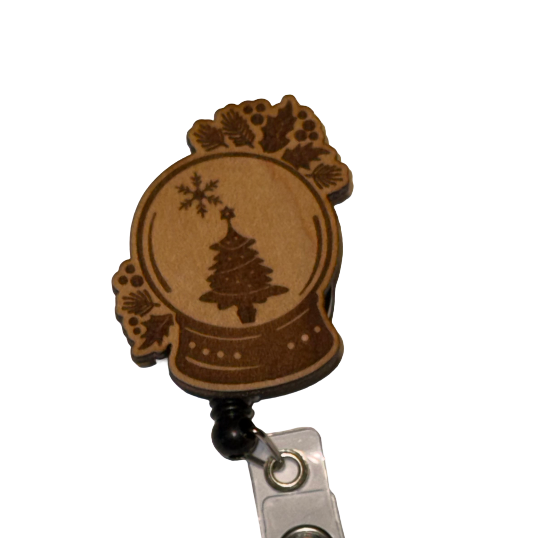Winter Christmas Tree Snow Globe Badge Reel