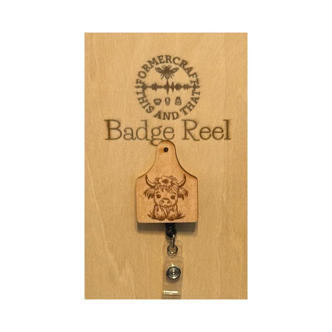 Highland Cow Wooden Laser Engraved Badge Reel