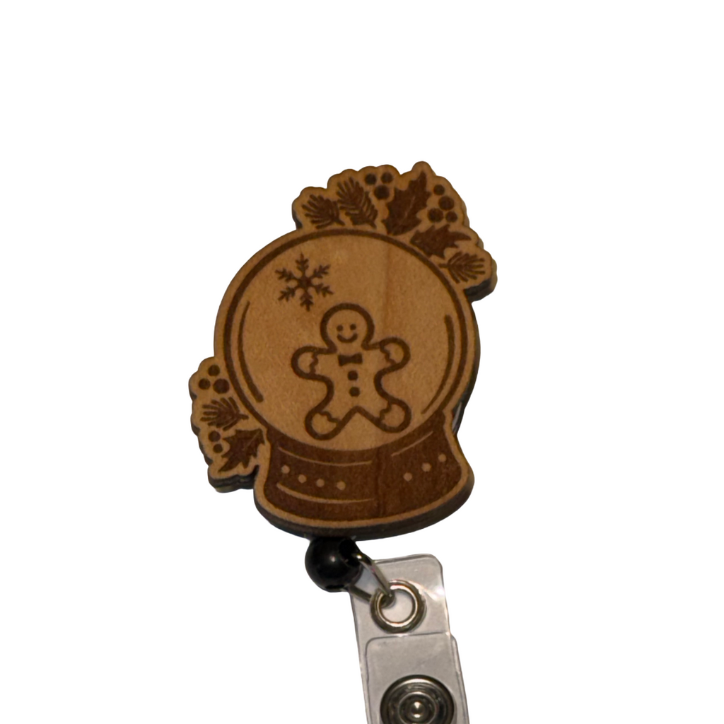 Winter Gingerbread Snow Globe Badge Reel