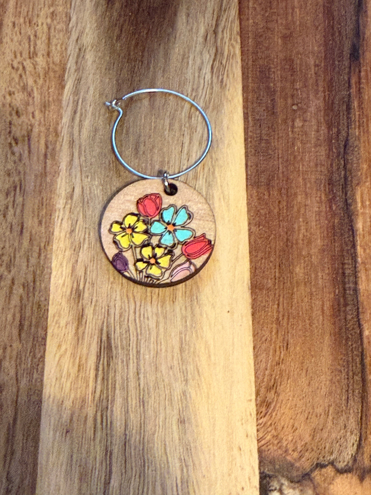 Floral Hand-painted Wooden Wine Charms