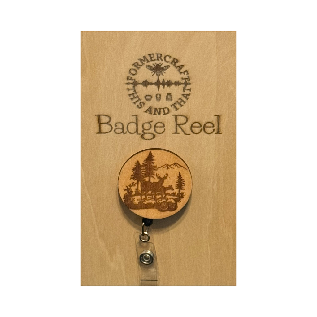 Wooded Deer Scene Laser Engraved Badge Reel 