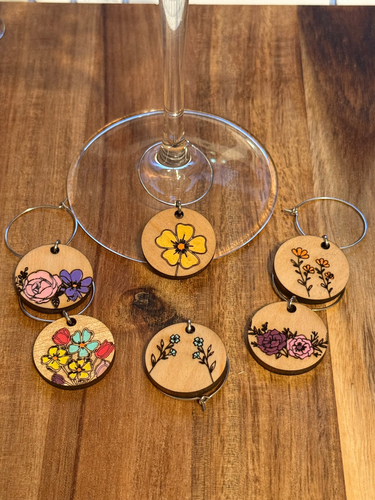 Floral Hand-painted Wooden Wine Charms