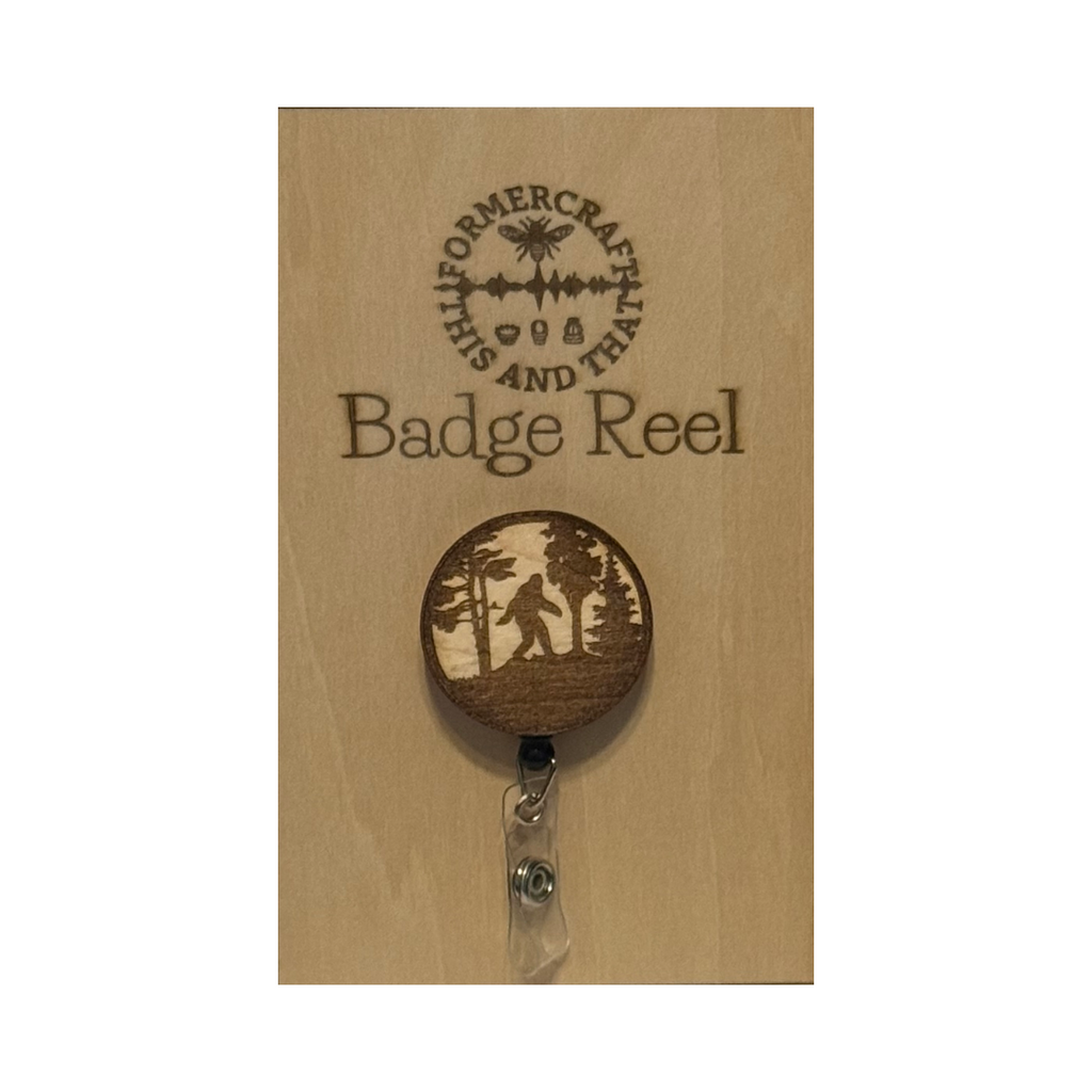 Bigfoot Wooden Laser Engraved Badge Reel 