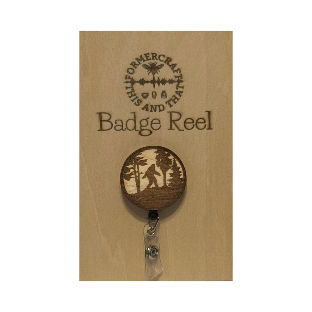 Bigfoot Wooden Laser Engraved Badge Reel 