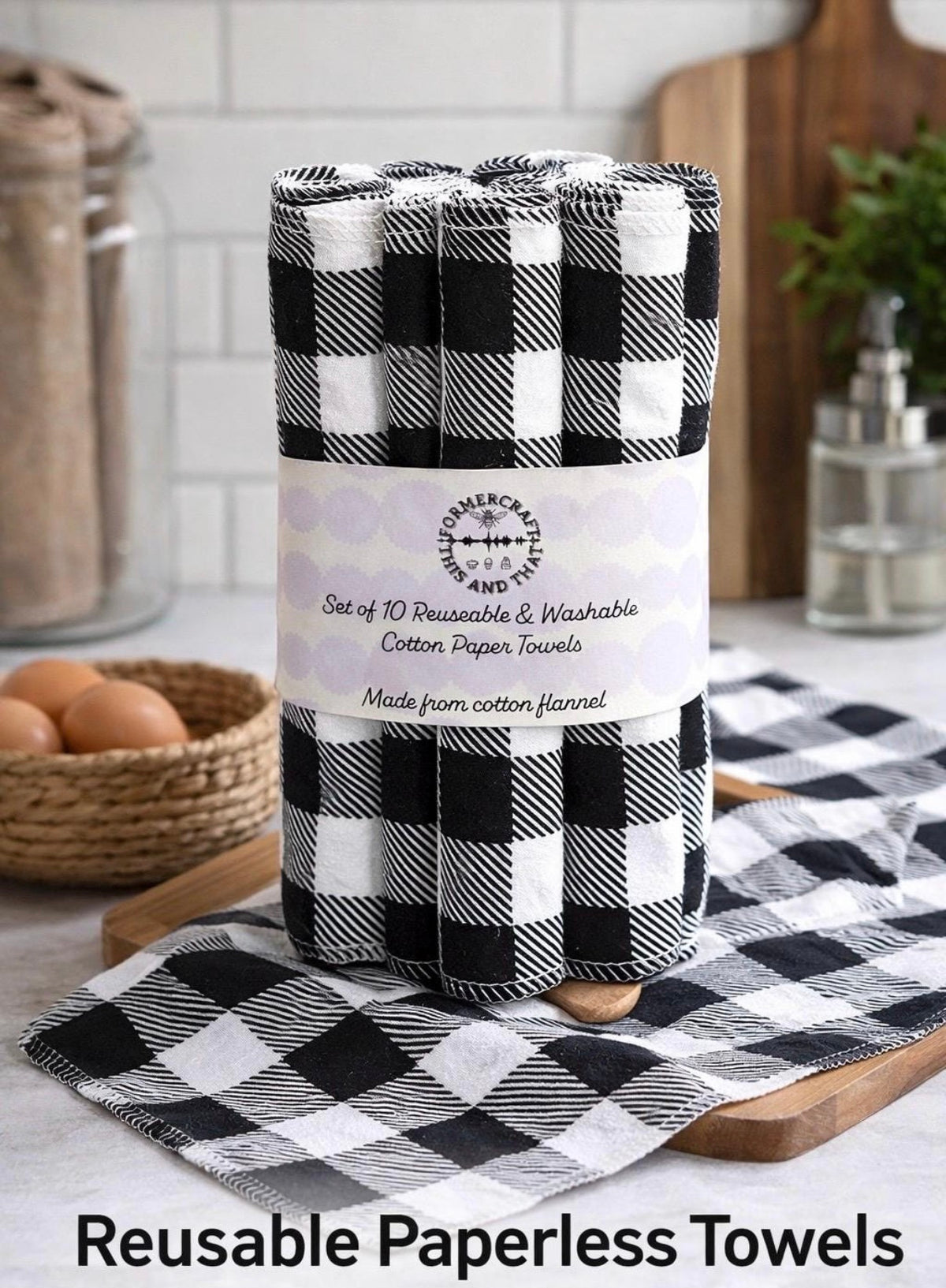Black & white Reusable Paperless Towels – 6 Pack | Printed Cotton Flannel Kitchen Towels | Eco-Friendly Reusable Cleaning Cloths