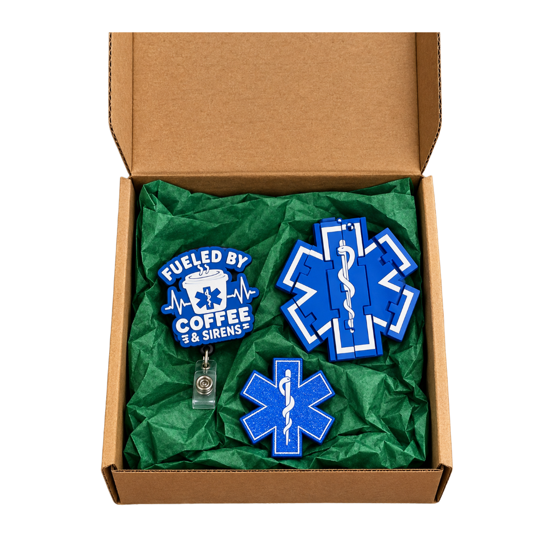 EMS Gift Set for EMT Paramedic | EMS Badge Reel, Straw Topper & Flexi Keychain | Emergency Medical Services Gift | EMT Gift