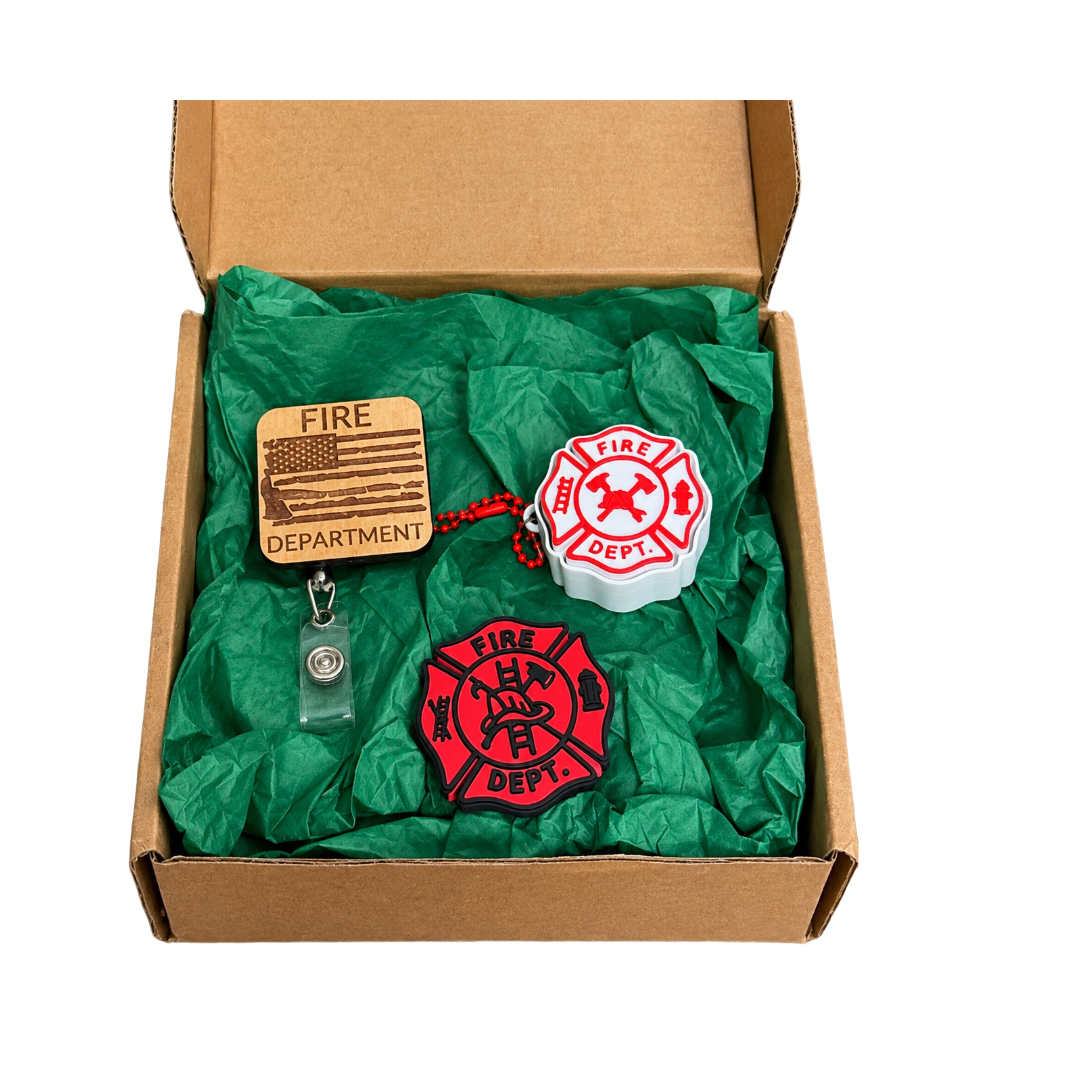 Firefighter Gift Set, Fire Department Badge Reel, Straw Topper & Clicker Keychain, First Responder Gift, Firefighter Accessories